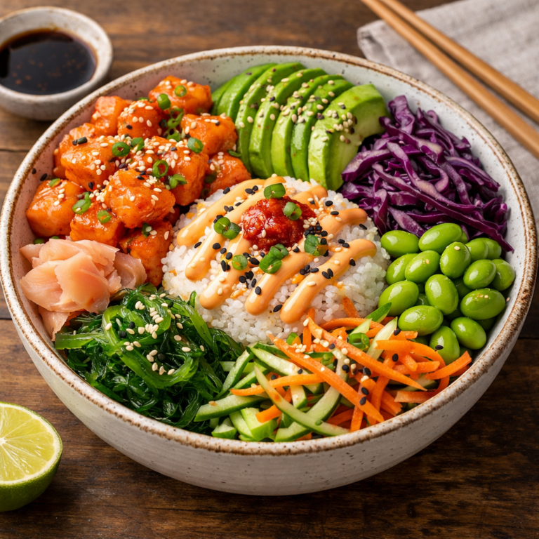 Pokebowl de pollo y vegetales